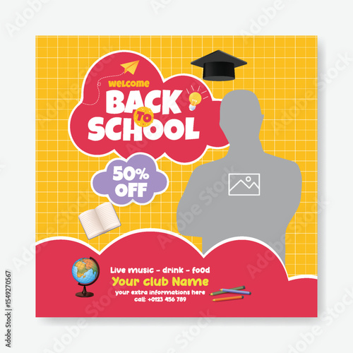 Editable Back to school social media post, banner, ads template for school admission, online learning we banner, Back  to school celebration party, and sale offer square flyer or poster design
