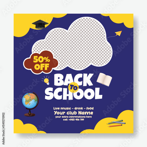 Modern educational social media post, banner, ads template for back to school party and school admission advertisements; online learning web banner; square poster educational supplies elements 
