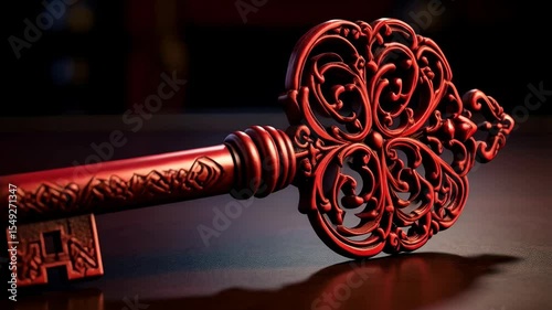 Intricate red ornate metal key with scrollwork and mountain design lying on a dark surface under soft lighting