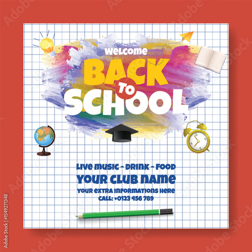 Modern educational social media post, banner, ads template for back to school party and school admission advertisements; online learning web banner; square poster educational supplies elements 