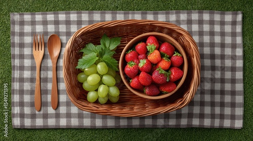 Healthy picnic baskets salad outdoor concept. A basket of fresh strawberries and grapes on a checkered cloth with wooden utensils.