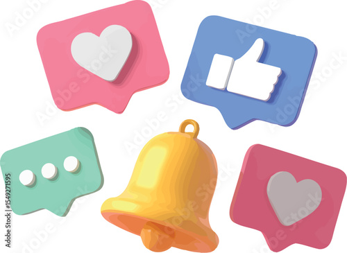 A digital rendering of social media notifications with a bell icon on a white background space
