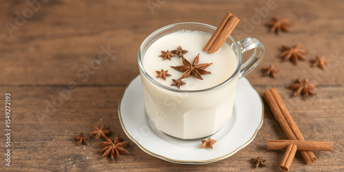 Indian masala tea with milk spices such as cardamom, cinnamon and star anise and seasoned with cane sugar on wooden background with copy space image