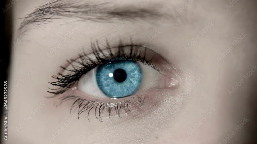 Blue eye opening widely. Macro close-up. Slow motion. opening human iris beautiful blue eye healthy eyesight awareness concept Shot on Cinema Camera. Blue eye opening widely. Macro close-up. Slow motion. opening human iris beautiful blue eye healthy eyesight awareness concept Shot on Cinema Camera.
