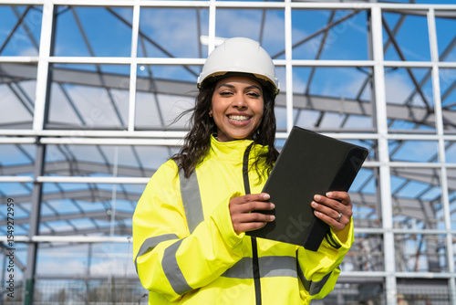 Portrait of happy smiling female construction worker builder with tablet, dressed in high visibility gear and helmet, standing in front of partially completed steel frame structure