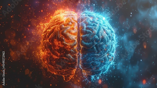 A brain with glowing blue and orange colors