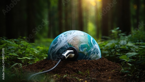 Earth Globe Connected to Electric Vehicle Charger in Forest Soil for Sustainable Energy