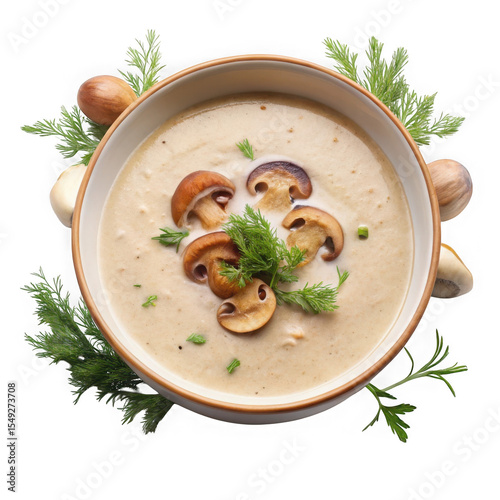 Creamy Mushroom Soup Bowl Garnish Dill isolated on a transparent background image