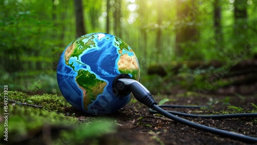 Earth Globe Connected to Electric Vehicle Charger on Mossy Forest Floor Symbolizing Eco Friendly Energy