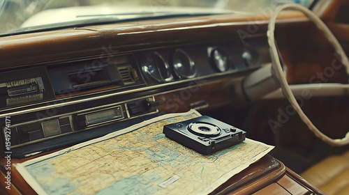 A vintage 1970s car dashboard with a cassette player and an old roadmap spread on the seat