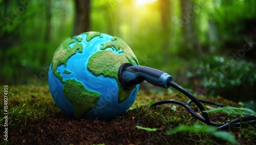 Felt Earth Globe Connected to Electric Vehicle Charger on Moss in Forest Symbolizing Green Energy