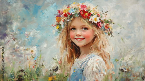 A young girl wearing a floral crown with a charming smile
