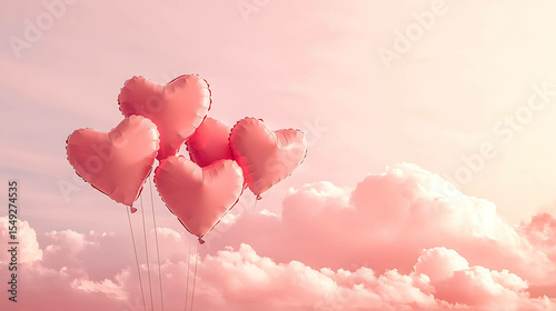 Heart-shaped balloons floating in a pink sky surrounded by clouds