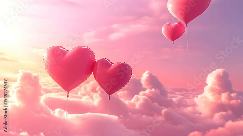 Heart-shaped balloons floating in a pink sky surrounded by clouds