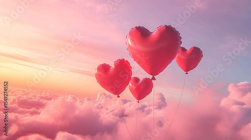 Heart-shaped balloons floating in a pink sky surrounded by clouds