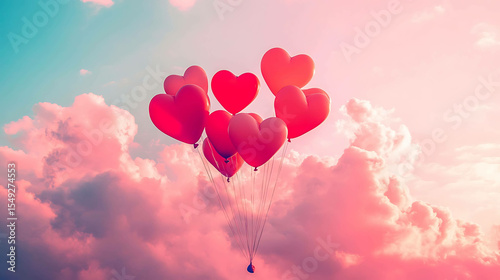 Heart-shaped balloons floating in a pink sky surrounded by clouds