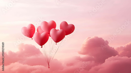 Heart-shaped balloons floating in a pink sky surrounded by clouds