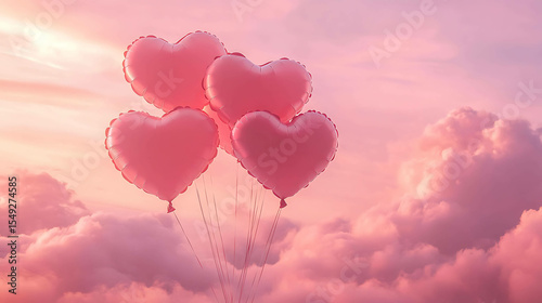 Heart-shaped balloons floating in a pink sky surrounded by clouds