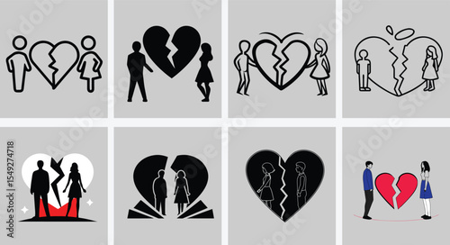 Emotional Silhouette of a Heartbroken Couple Standing Apart with a Large Cracked Heart Symbolizing Love and Separation