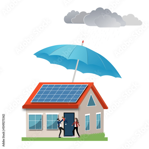 Family protected under umbrella above house with solar panels during rainstorm. Concept of home insurance, asset protection, sustainability, and financial safety.