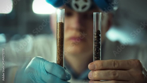 A research assistant sitting in a laboratory examines two coffee samples that are in glass tubes. The research assistant's hands are holding the tubes with the samples