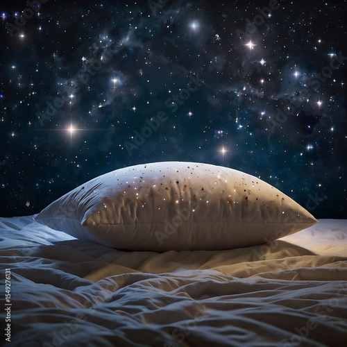 An oversized pillow floating in space among soft stars and glowing orbs, representing deep rest and detachment from stress