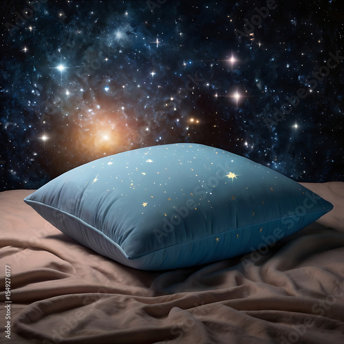 An oversized pillow floating in space among soft stars and glowing orbs, representing deep rest and detachment from stress