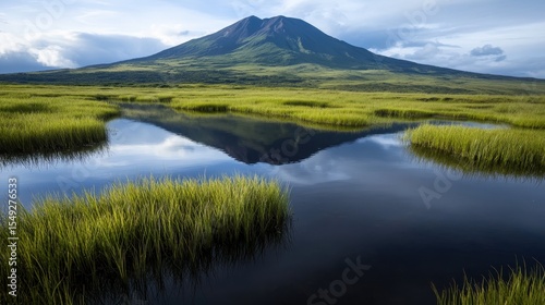 A magnificent volcanic mountain rises serenely above a tranquil body of water, reflecting its majestic silhouette, embodying the beauty and power of nature in a breathtaking landscape.