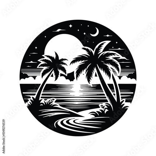 Night sea landscape with full moon