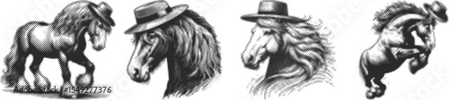 Majestic Draft Horse Wearing Hat in Black Halftone Stipple Dotted Style – Vintage Vector Illustration Bundle for Retro Animal Art, Farm Poster, and Western Design Projects