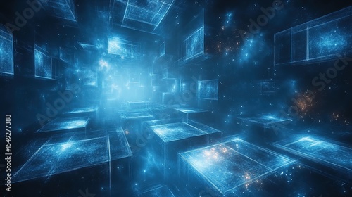 Futuristic Glowing Blue Abstract Background: Geometric Cube Elements in Dark Cosmic Space with Luminous Fractal Effects