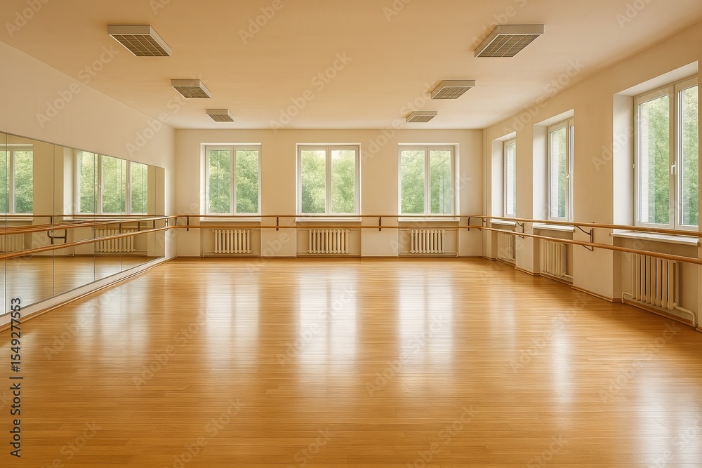 Fototapeta premium Spacious wooden dance studio with large windows and mirrors for ballet practice and dance lessons on bright day. concept of dance, open space, artistic expression