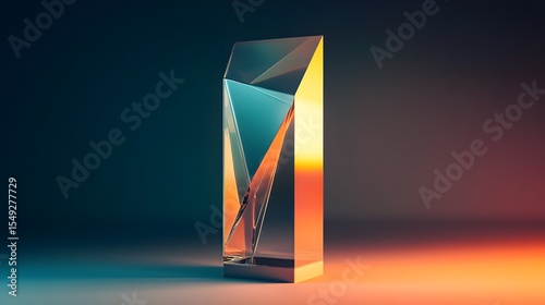 Abstract crystal glass prism sculpture design art object with colorful lighting background design concept