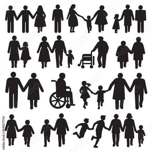 Family and people icon set vector illustration with silhouettes of men women children baby couple symbol design sign