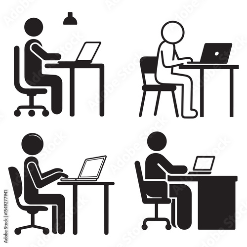 Business people working on laptops in office silhouettes illustration
