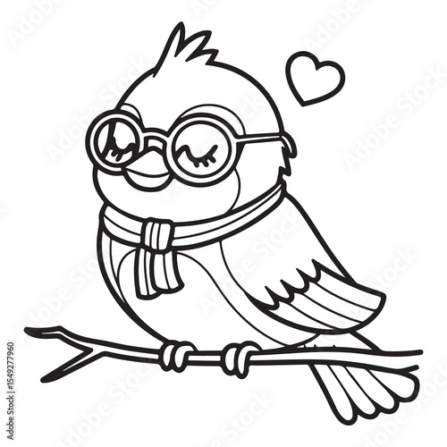 Cute cartoon black and white bird illustration with happy funny character isolated on white background