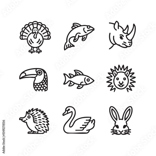 A versatile set of nine animal icons rendered in a clean black and white line art style, featuring diverse wildlife from land and water.