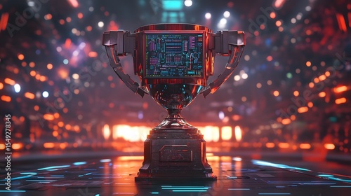 Cyberpunk esports trophy design for gaming tournament championship winner digital artwork futuristic prize award