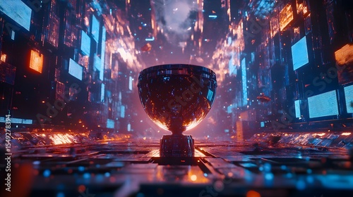 Cyberpunk trophy digital award futuristic competition winner prize victory esports gaming achievement