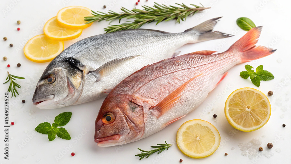 Photo of two fish with lemon and herbs isolated on white background Photo of two fish with lemon and herbs isolated on white background