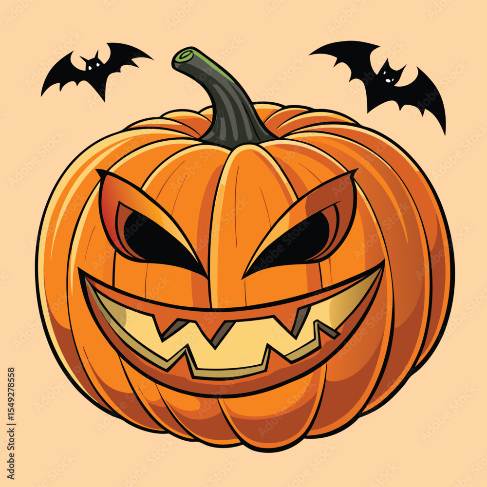 Fototapeta premium Angry Halloween Pumpkin Vector with Bats