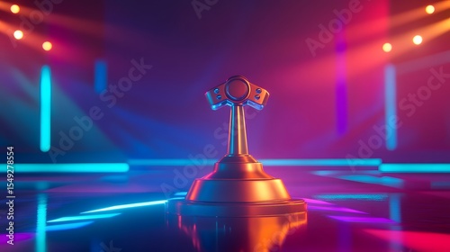 Game controller trophy award on stage with neon lights for esports tournament competition concept design