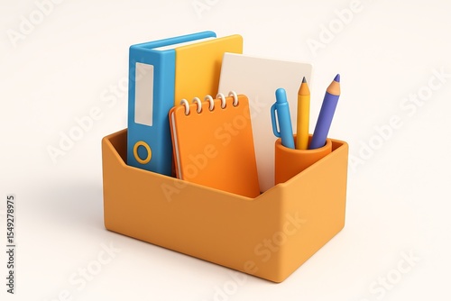 Collection of office supplies including notebook, binder, pencils, and pen in organizer box. concept of workplace organization, stationery essentials, office tools., white background