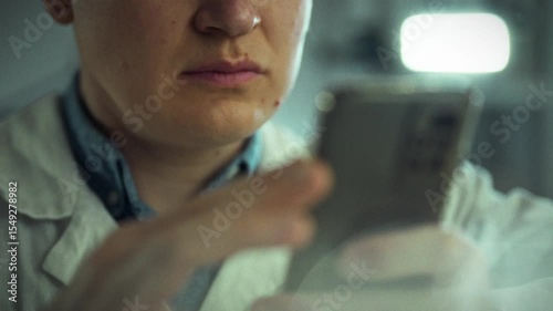 A researcher examines a smartphone, deep in concentration while working in a laboratory