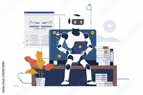A robot sitting at a desk with a laptop and a monitor