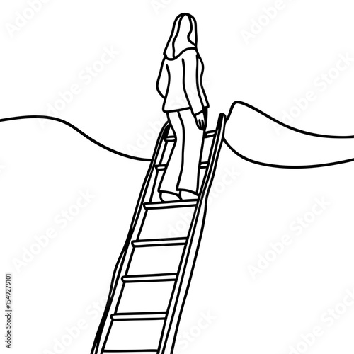 Woman standing on ladder reaching for goal. Person climbs ladder to achieve ambition. Line art illustration depicts journey towards success.