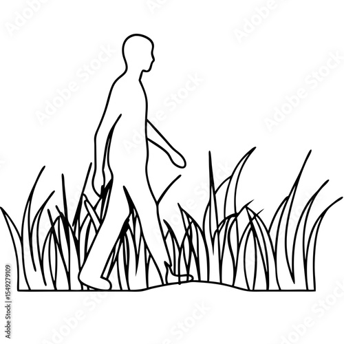 Person walking through tall grass line art illustration. Simple line drawing of person strolling in high grass field.  Stylish minimalist graphic design showing person amidst tall blades of grass.