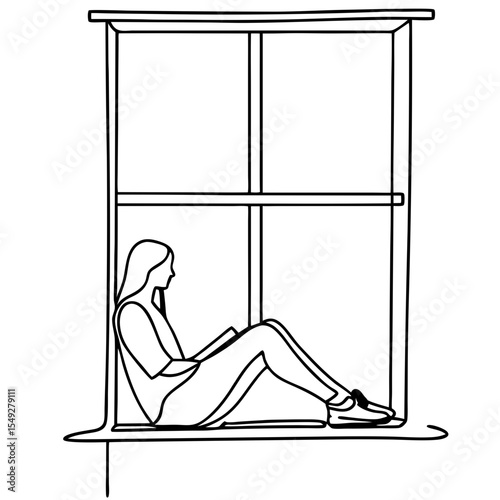 Woman sitting on windowsill reading book. Simple line art illustration of person relaxing by window. Elegant line drawing of girl enjoying peaceful moment. Perfect line art for home decor.
