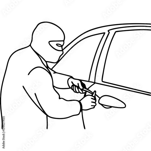 Masked man attempting car theft. Line art illustration shows a thief using lock pick on car door.  This line art is perfect for security system brochures and safety awareness campaigns.