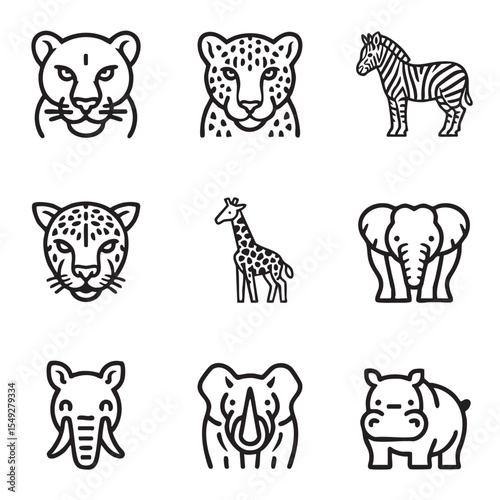 A set of black and white line art icons featuring African safari animals, including a leopard, zebra, giraffe, elephant, and rhinoceros.